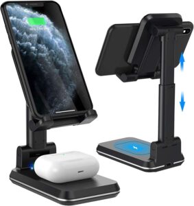 2 in 1 Wireless Charger, Dual Wireless Charging Desk Phone Stand,10W Qi Fast-Charging Foldable Tablet Stand for iPhone