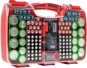 Battery Organizer Storage Case with Tester, Holds 180 Batteries, Clear Hinged Cover, Locking Lid - For AA, AAA, C, D and More