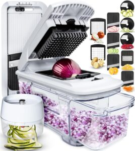 Fullstar All-in-1 Vegetable Chopper, Mandoline Slicer & Cheese Grater - French Fry Cutter & Veggie Dicer - Cheese Slicer - Includes Bonus Handheld Spiralizer (6 in 1, Black White)