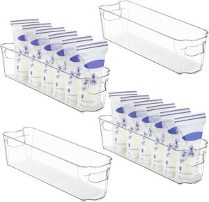 HOOJO Refrigerator Organizer Bins - 4pcs Clear Plastic Bins for Fridge, Kitchen Cabinet, Pantry Organization, ideal BPA Free Freezer Organizers for Storing Breast milk Storage Bags,