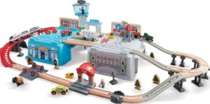 Hape Super Cityscape Transport Bucket Set Wooden Toy Train Set with City Scenes, Plane, Battery-Powered Engine, for Children 3+ Years