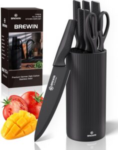 Knife Set, Brewin Kitchen Knife Set, Knives Set for Kitchen, Universal Knife Block, Utility Knife Block Set, Kitchen Essentials, New Home Essentials, Apartment Essentials, Dishwasher Safe