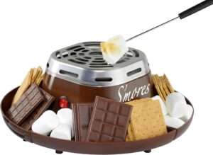 Nostalgia Tabletop Indoor Electric S'mores Maker - Smores Kit With Marshmallow Roasting Sticks and 4 Trays for Graham Crackers, Chocolate, and Marshmallows - Movie Night Supplies - Brown