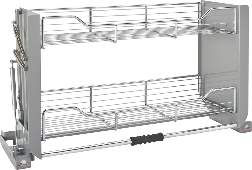 Rev-A-Shelf 36 Pull-Down Heavy-Duty Shelf Organizer for Tall Kitchen Bathroom Cabinets, Dual Tier Wall Mounted Pantry Storage, Chrome, 5PD-36CRN
