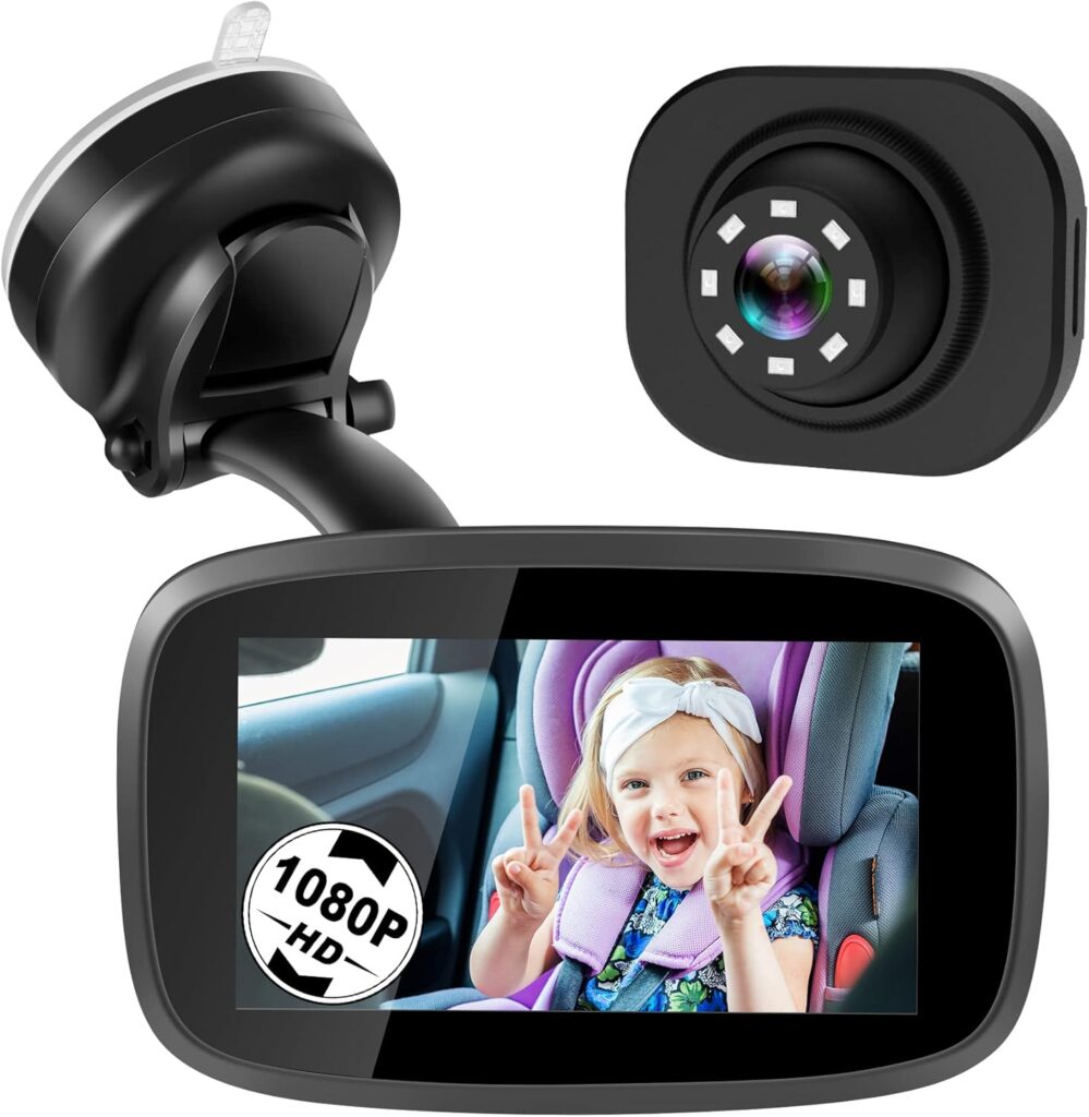 Shybaby 1080P Baby Car Mirror, 4.3 Baby Car Camera Monitor with 170° Wide View, HD Night Vision Function and Reusable Sucker Bracket, Safety Rear Facing Car Set Camera for Infants Kids Toddlers