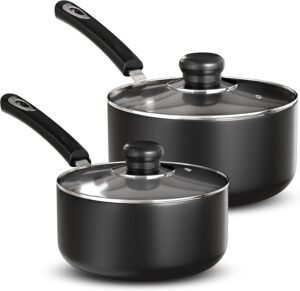 Utopia Kitchen Nonstick Stock Pot Saucepan Set with Lid, 1 Quart and 2 Quarts Multipurpose Stock Pots Set for Home Kitchen or Restaurant (Grey-Black)