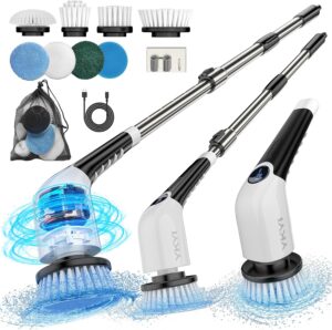 YKYI Electric Spin Scrubber,Cordless Cleaning Brush,Shower Cleaning Brush with 8 Replaceable Brush Heads, Power Scrubber 3 Adjustable Speeds,Adjustable & Detachable Long Handle,Voice Broadcast Presidents Day Deals