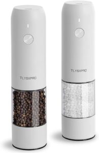 Electric Salt and Pepper Grinder Set, USB Rechargeable, Automatic Salt and Pepper Mill Grinder with Adjustable Coarseness, Electric Salt Shakers, LED Light, Refillable (2 Packs, White)